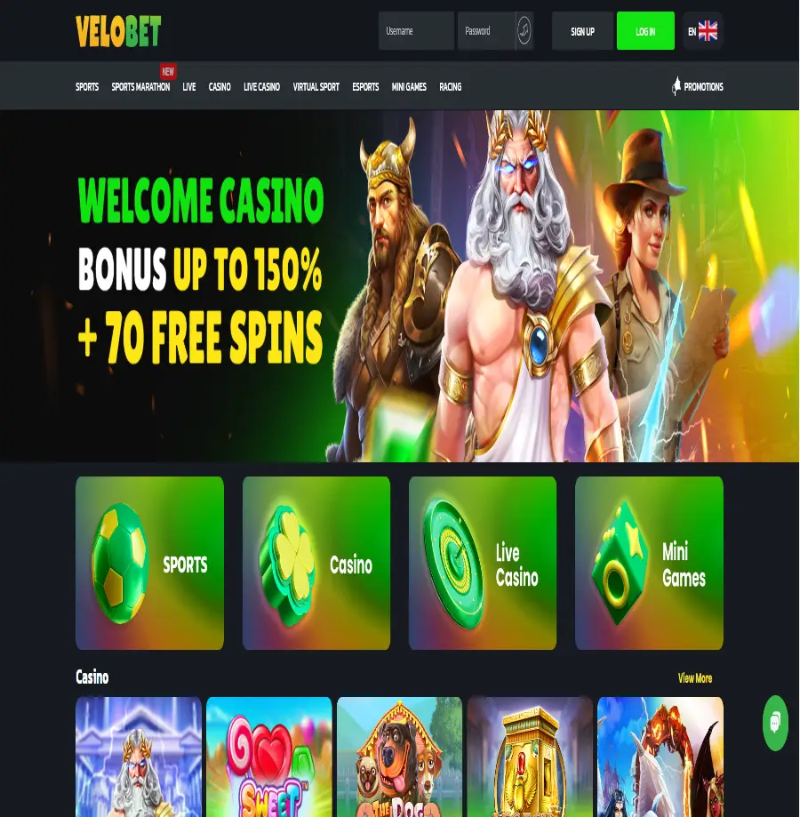 Home page Screen photo at Velobet Casino