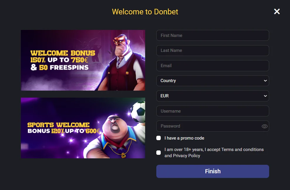 Registration window at Donbet Casino