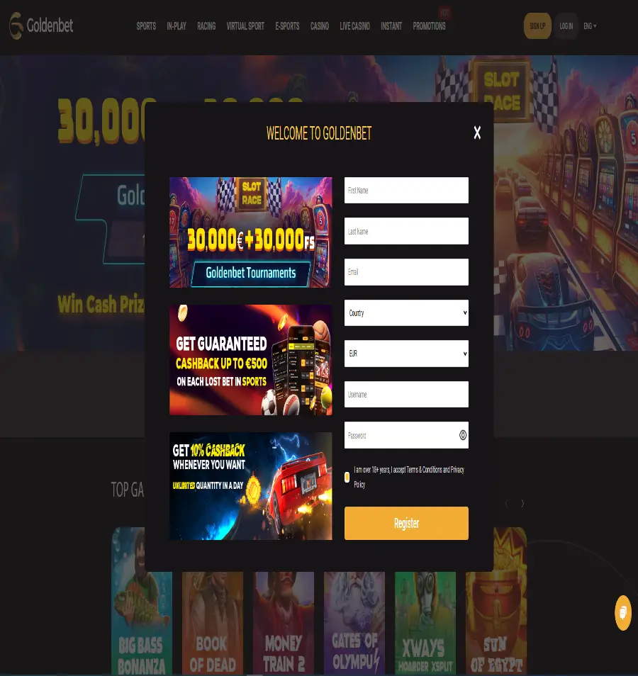 Registration Pop up at Goldenbet Casino